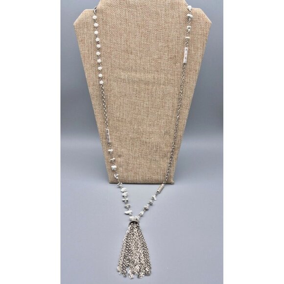 Simply Vera Wang Sliver Tone Glass Bead Natural Stone Tassel Pendant Necklace - Picture 3 of 8